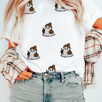 White short-sleeve t-shirt with cartoon ghost dog print, crew neck