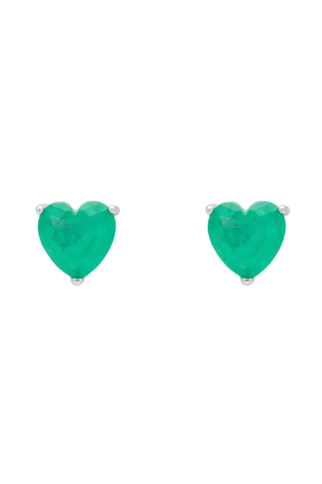 Green heart stud earrings with silver posts and small round back charm