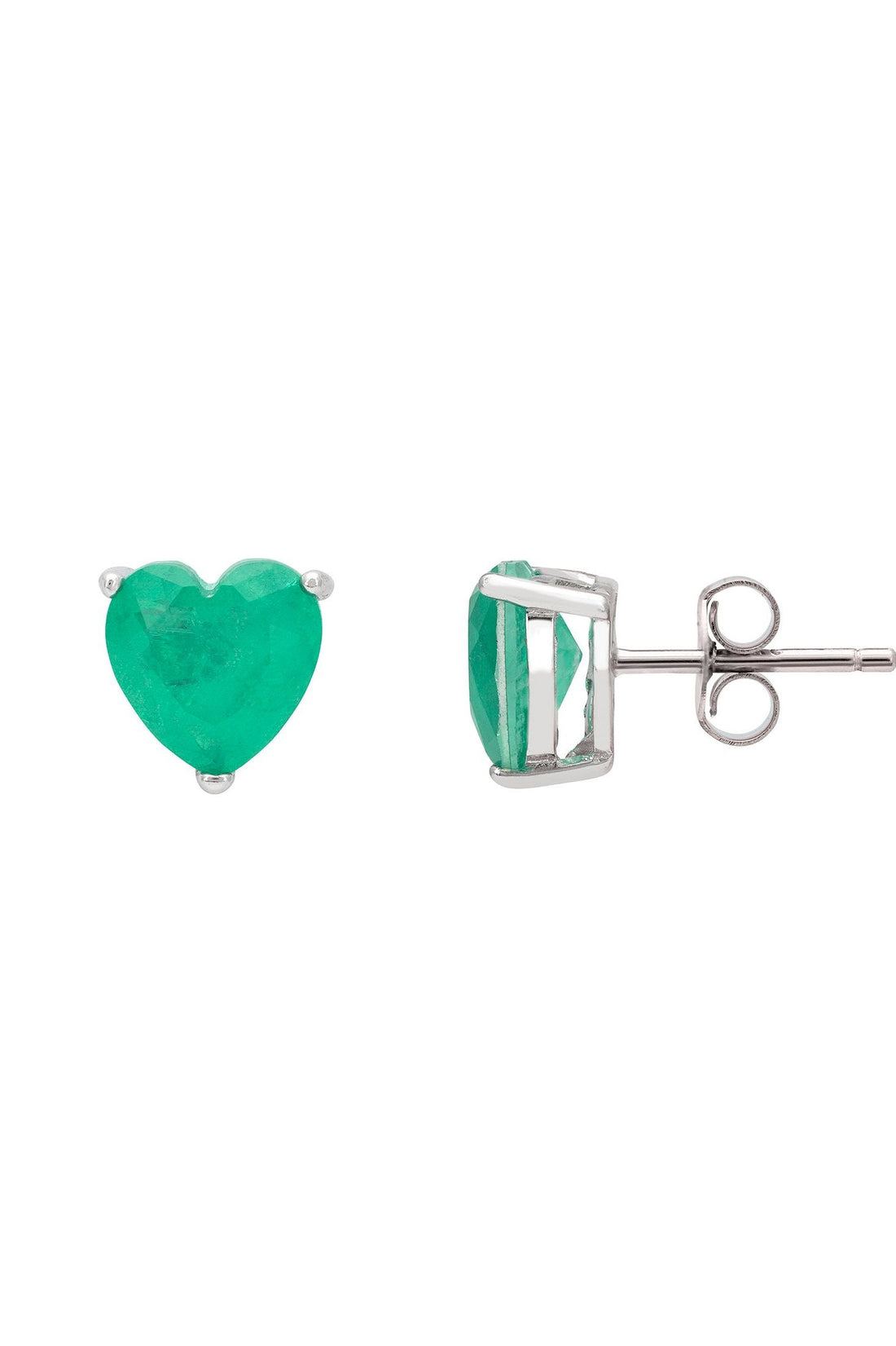 Green heart stud earring with silver clasp backing detail