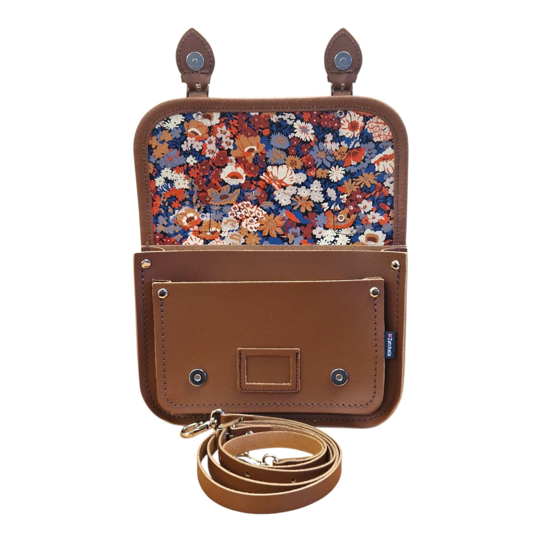 Floral Lined Leather Midi Satchel - Chestnut-2