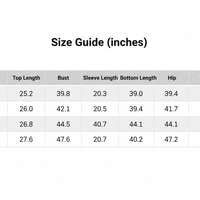 Inches size guide table with measurements for top, sleeve, and bottom lengths
