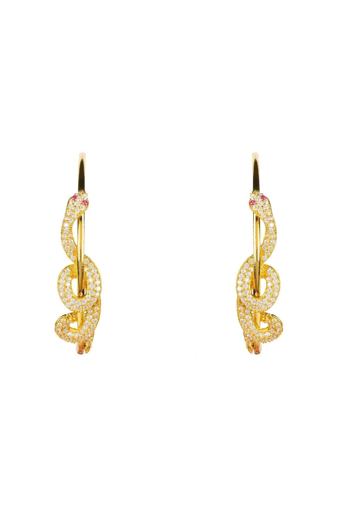 Gold snake-style hoop earrings with sparkling pave accents and small hoop backs