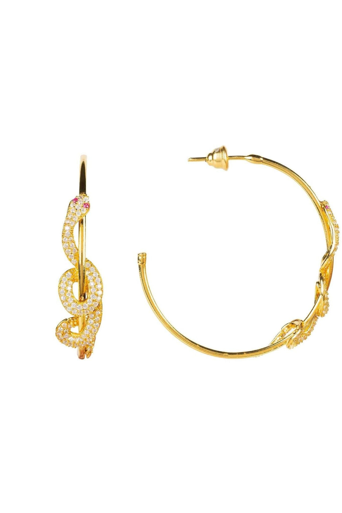 Gold serpent hoop earrings with rhinestone-like accents, shown with hoop shape