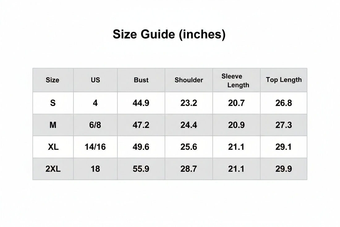 Size guide inches chart for women&