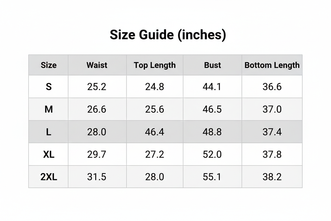 Size guide chart listing waist, top length, bust, and bottom length for S–2XL