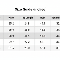 Size guide chart listing waist, top length, bust, and bottom length for S–2XL