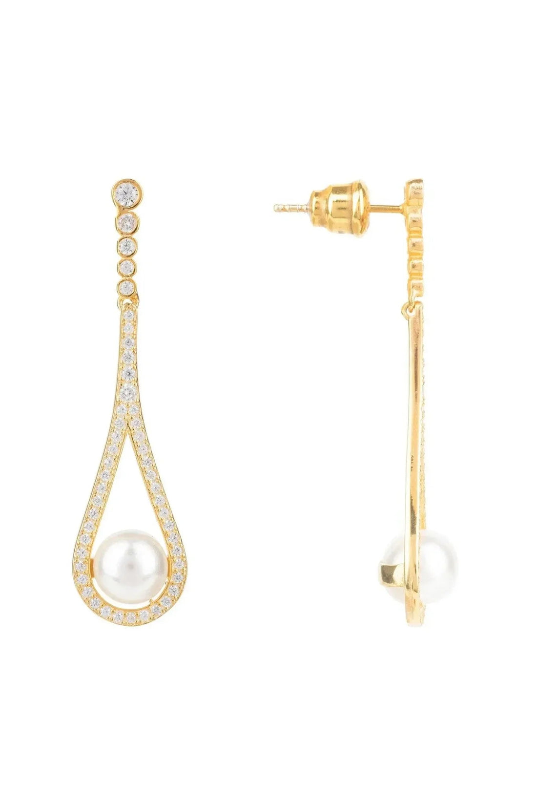 Gold pearl drop earrings with pavé teardrop setting and post back