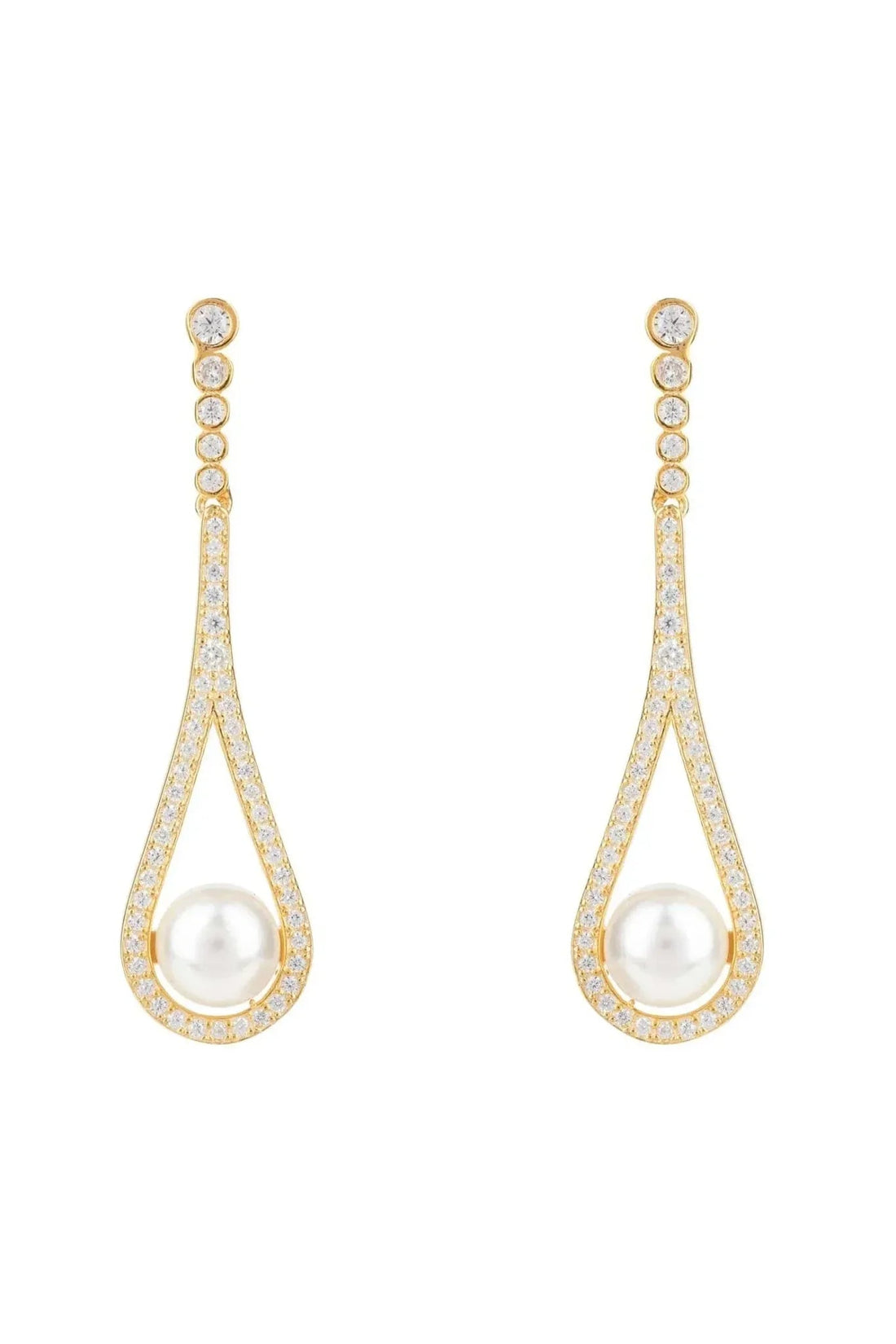 Gold teardrop earrings with pavé crystals and pearl drops