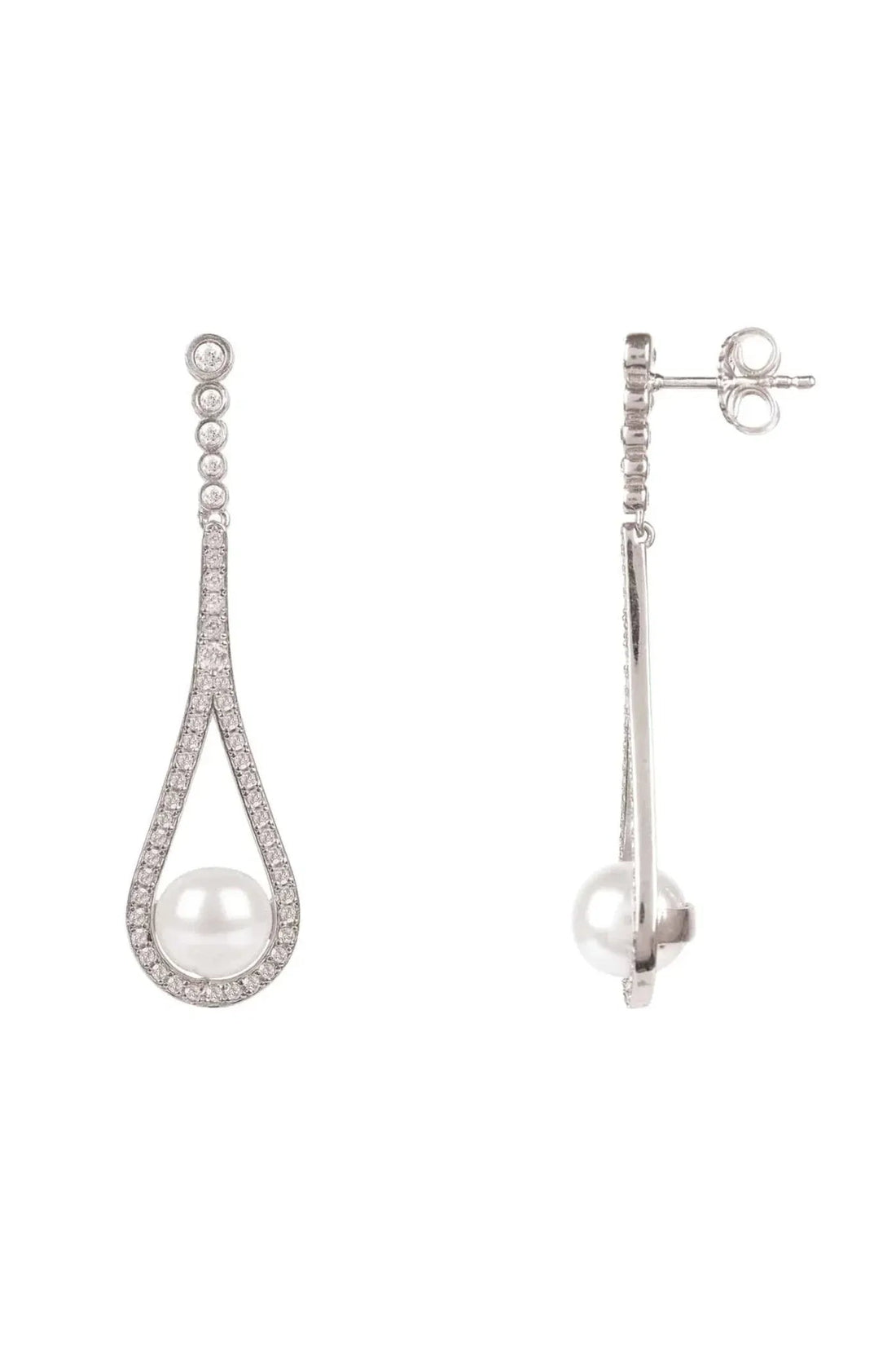 Silver pearl drop earrings with hook backs and teardrop rhinestone detail