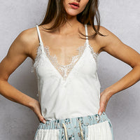 Women's off-white lace-trim V-neck cami with spaghetti straps, front view