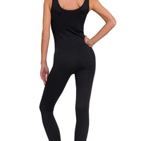 Black padded sports seamless bodysuit, scoop back and sleeveless fitted jumpsuit