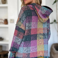 Multicolor plaid fleece hoodie shown from back with hood and dropped shoulder seams