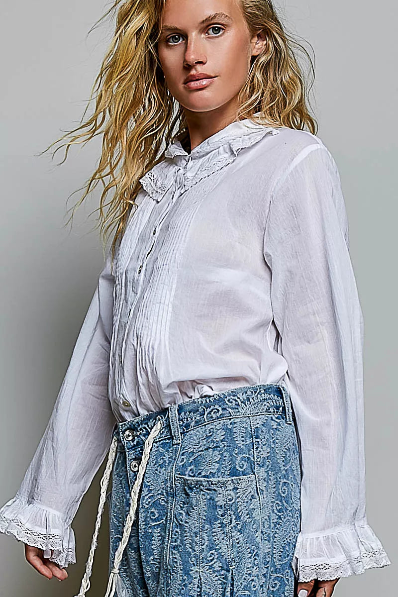 Ivory woven button-down shirt with lace cuff trim and pintuck front placket