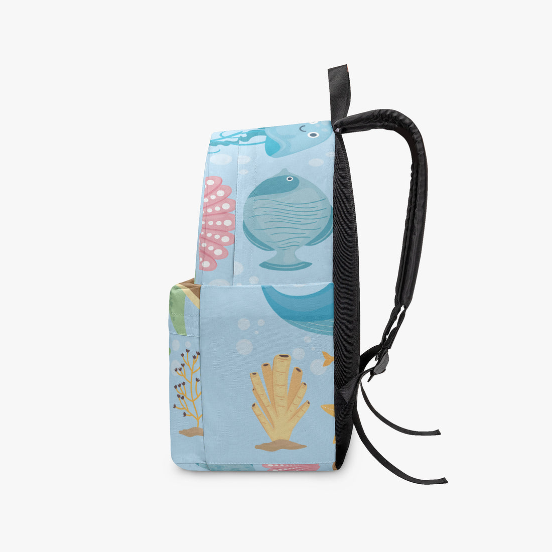 Kids canvas backpack, side view, blue sea creatures pattern with black shoulder straps.