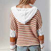 Camel and white striped hooded knit sweater with openwork sleeves, back view