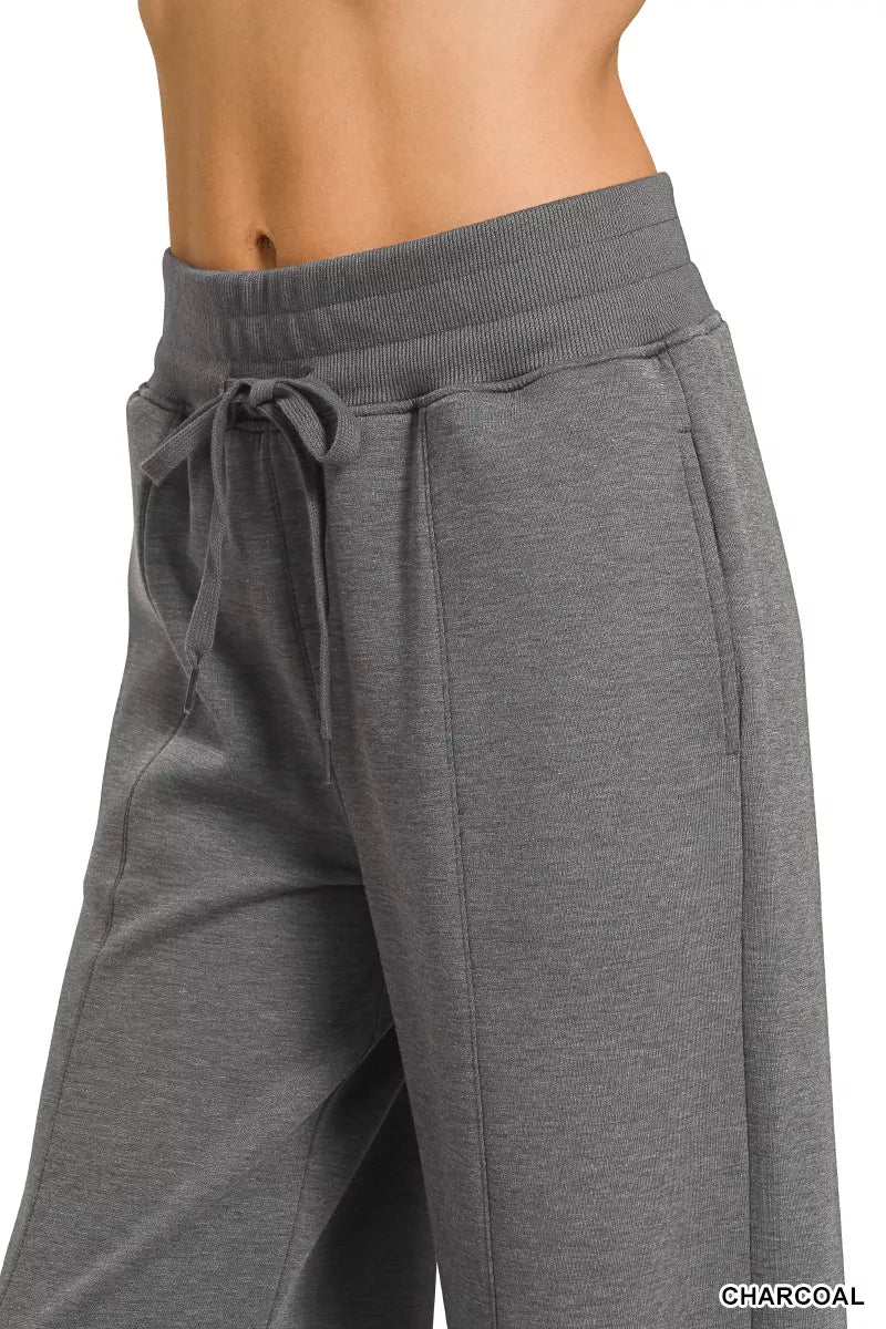 Charcoal center-seam wide-leg pants with drawstring waist