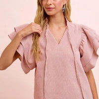 Women's red-and-white striped ruffle-sleeve blouse with tie-neck V detail