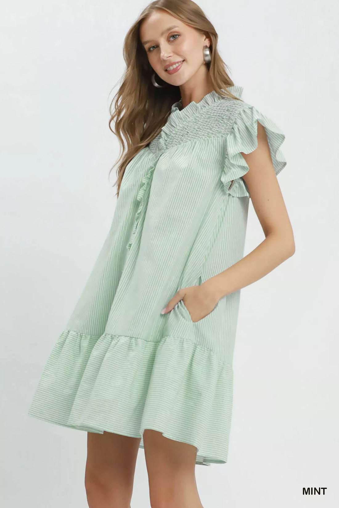 Mint striped smocked yoke ruffle dress with button front and tiered skirt