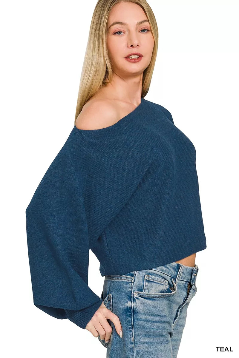 Teal boat-neck sweater with voluminous balloon sleeves and wide neckline