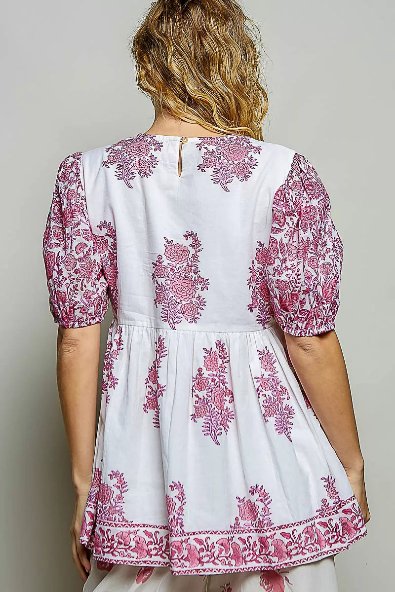 Ivory and pink floral hand-block print blouse from the back, puff sleeves