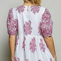 Ivory and pink floral hand-block print blouse from the back, puff sleeves