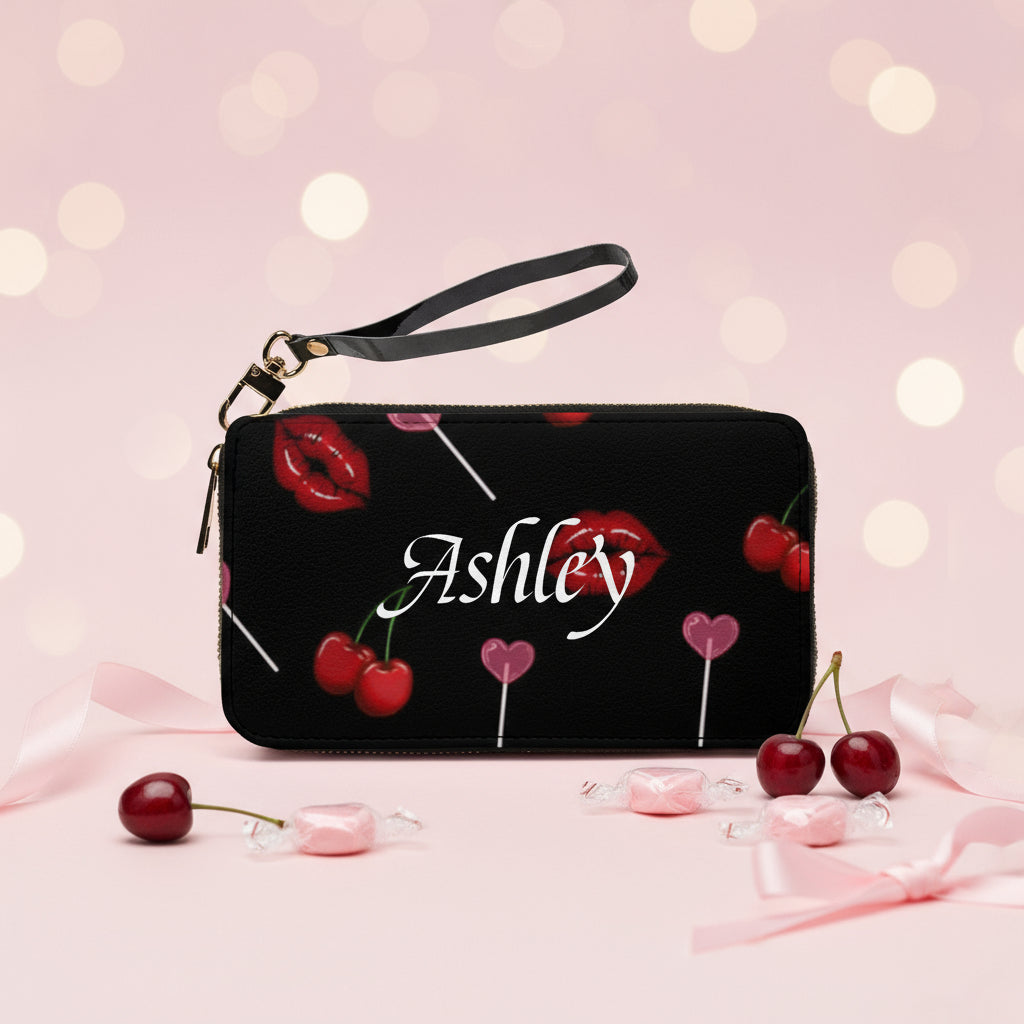 Wristlet Wallet Pouch | Personalized Black Cherry Lips Zip Organizer