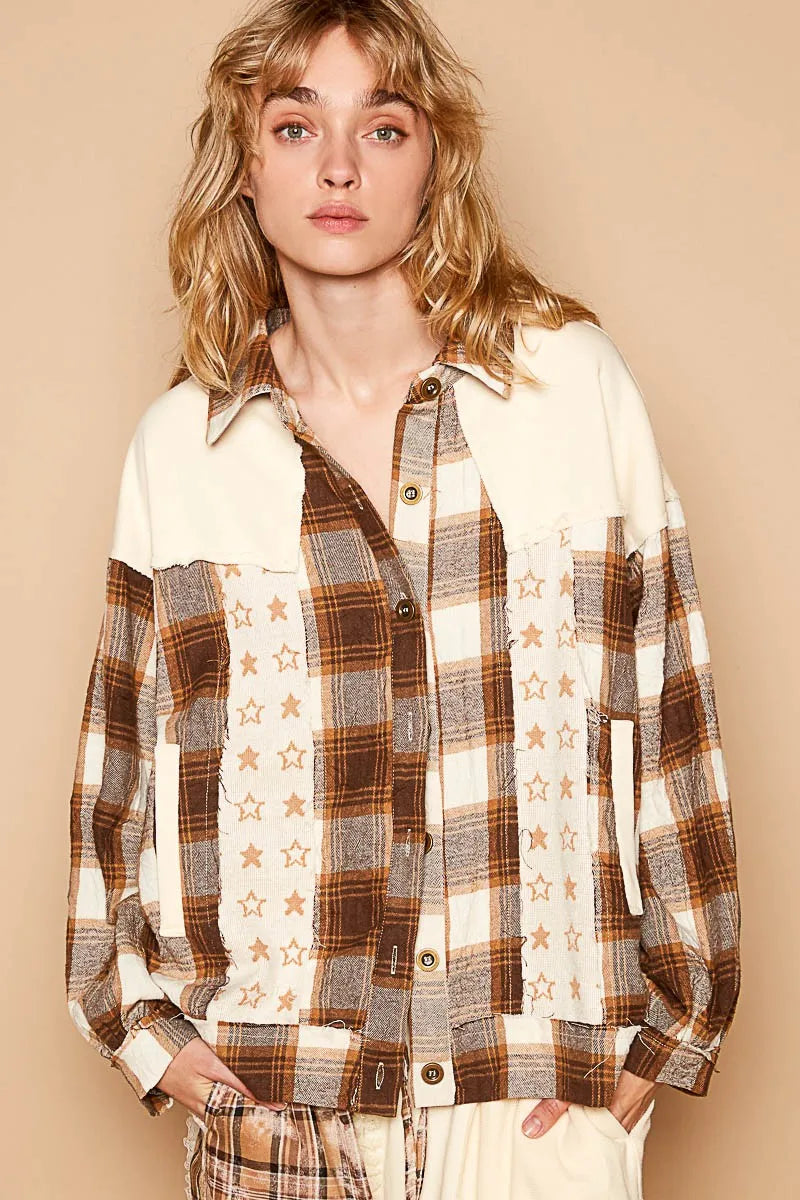 Beige plaid star patchwork long-sleeve shacket with button front