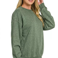Women's army green washed crewneck fleece sweatshirt, ribbed cuffs and hem, side view