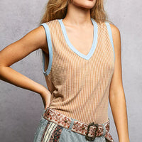 Mocha V-neck contrast ribbed sleeveless tank with light blue V-neck trim, side view