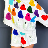 White ghost-print long sleeve top and shorts set with matching elastic waist shorts