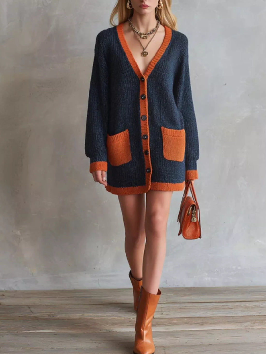 Dark navy and orange color-block V-neck button knit cardigan with patch pockets