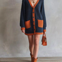 Dark navy and orange color-block V-neck button knit cardigan with patch pockets