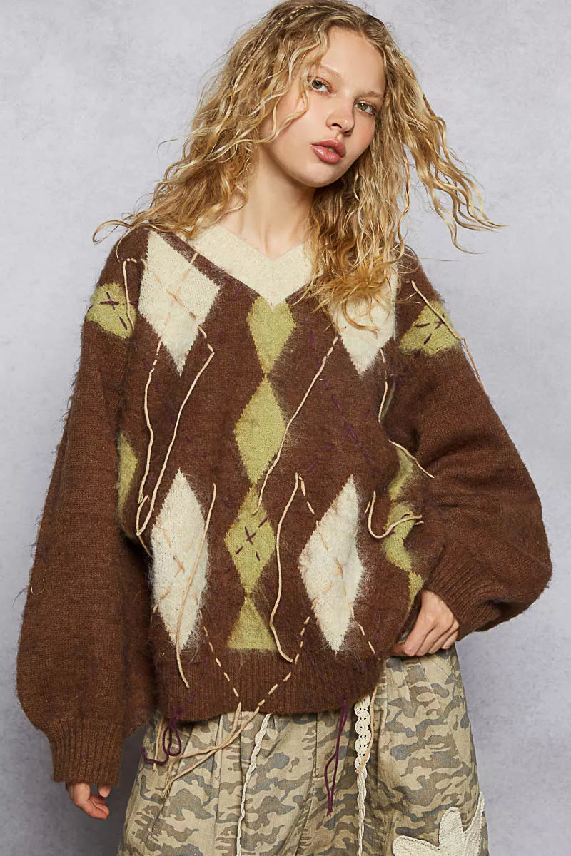 Mocha V-neck argyle mohair sweater with white/green diamonds and contrast exposed stitch detail