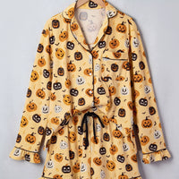 Gold Halloween-print long-sleeve pajama set, button top with matching ruffle shorts