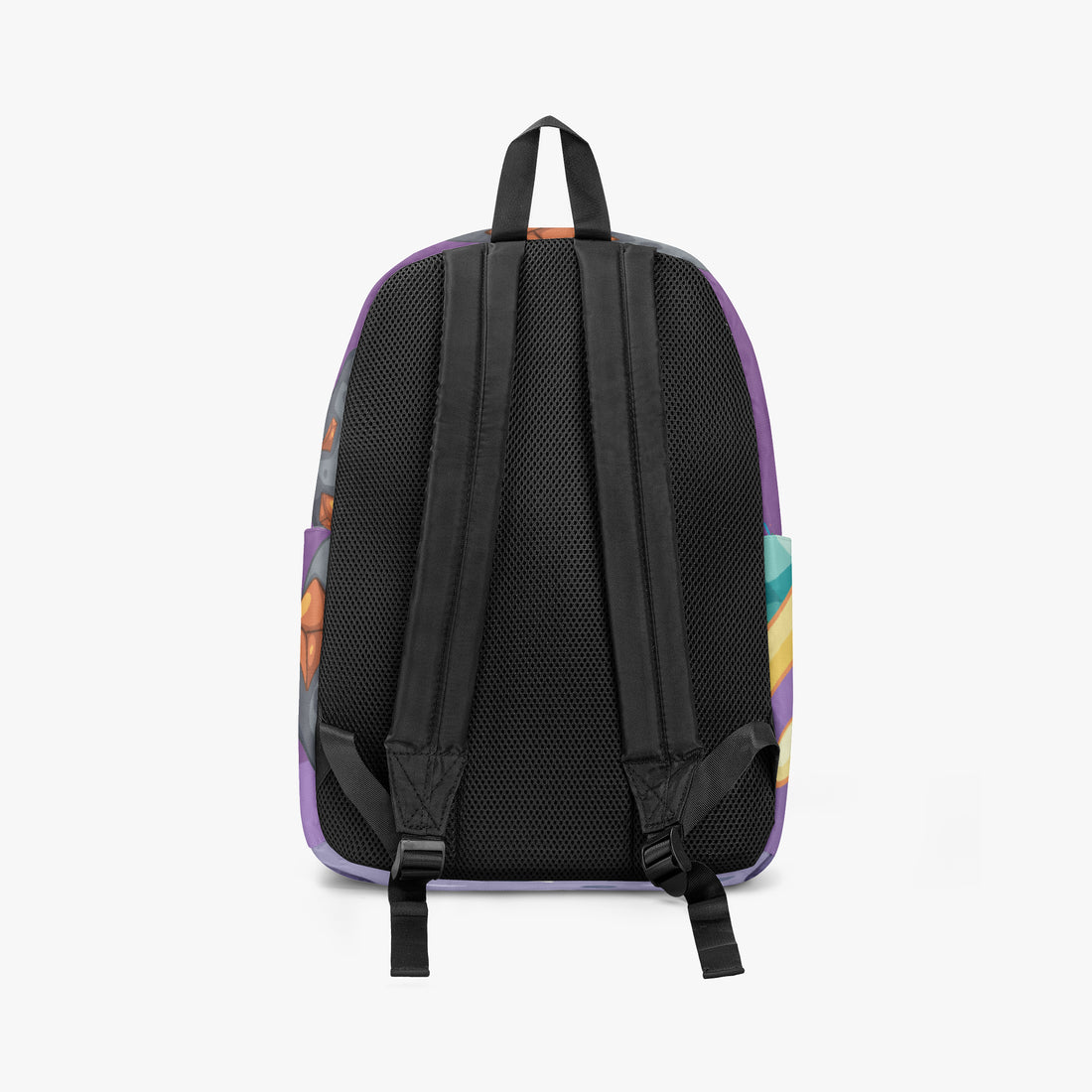 Kids canvas backpack back view with black mesh straps and purple space print