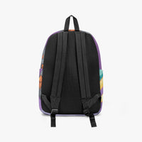 Kids canvas backpack back view with black mesh straps and purple space print