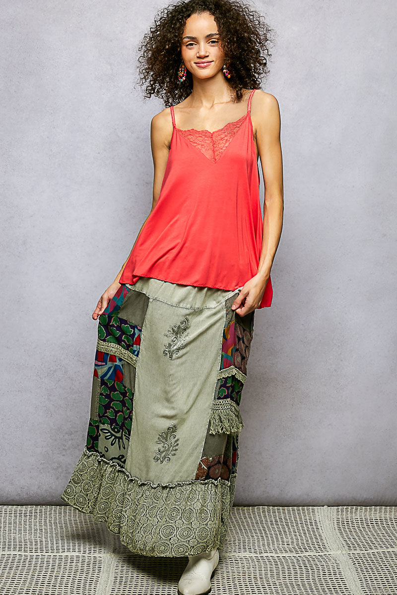 Sage multi patchwork ruffled skirt with lace-trim hem and embroidered motif