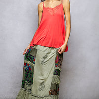 Sage multi patchwork ruffled skirt with lace-trim hem and embroidered motif