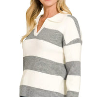 Striped collared knit sweater in grey and ivory horizontal bands, long sleeves