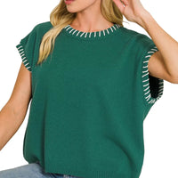 Hunter green oversize sweater with round neck and contrast stitched trim on short sleeves