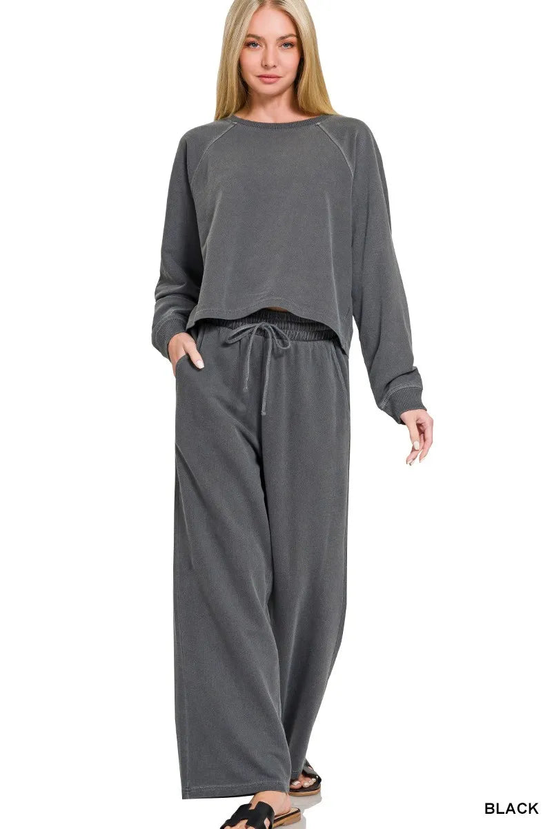 Dark gray washed terry pullover set with round neck and wide-leg pants