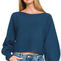 Teal boat-neck balloon sleeve sweater with relaxed fit