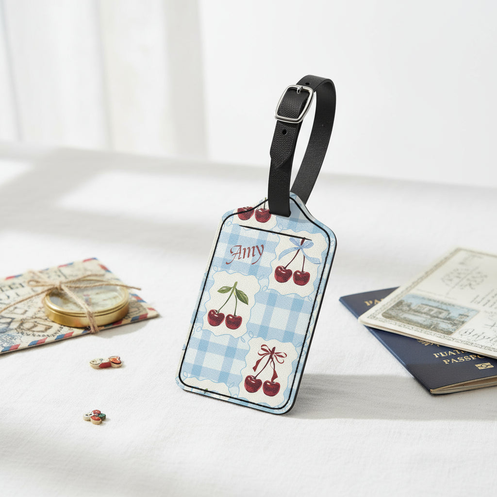 Womens Luggage Tags | Personalized Blue Gingham & Cherry Travel Tag