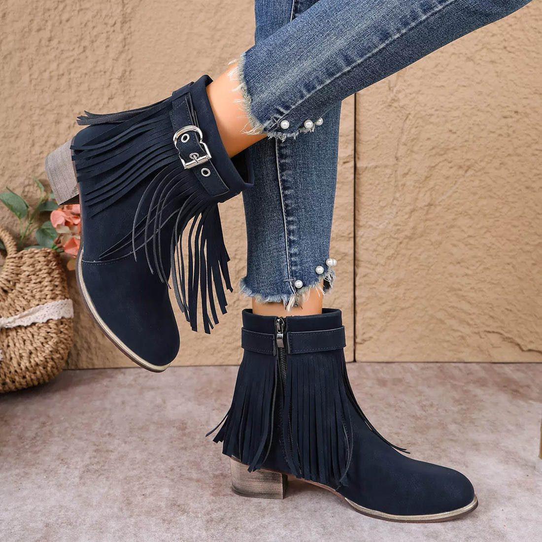 Navy suede fringe ankle boots with buckle strap and block heel