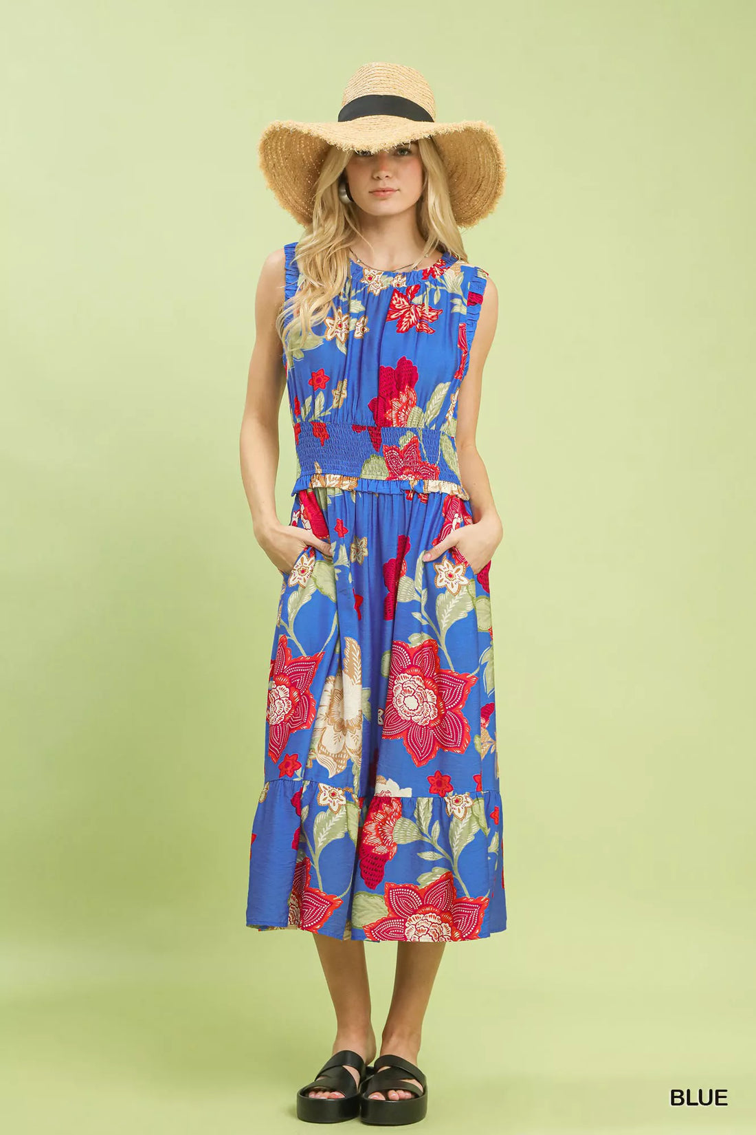 Floral smocked midi dress, sleeveless blue with red and cream floral print and elastic waist