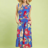 Floral smocked midi dress, sleeveless blue with red and cream floral print and elastic waist