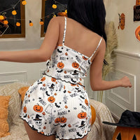 White pumpkin print cami and shorts lounge set with crisscross back and “BOO!”