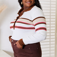 White striped collared rib-knit top with front buttons and long striped sleeves, side view