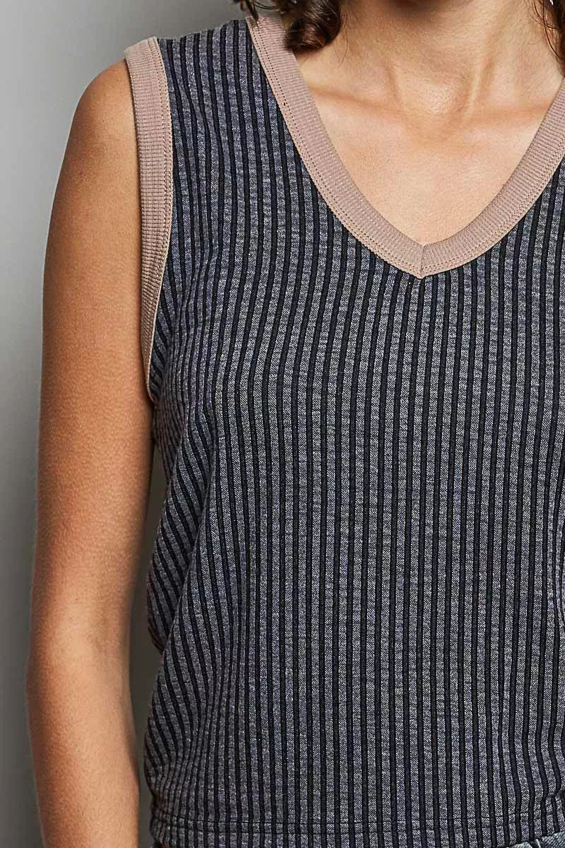 Close-up ribbed V-neck sleeveless tank in dark charcoal with contrast neckline band