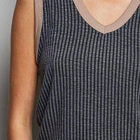 Close-up ribbed V-neck sleeveless tank in dark charcoal with contrast neckline band